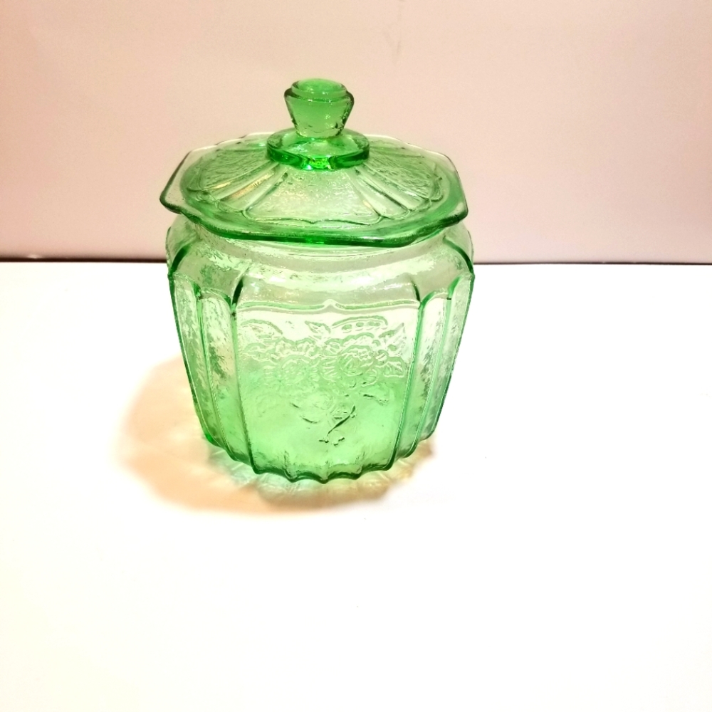 Green Depression glass candy jar with lid